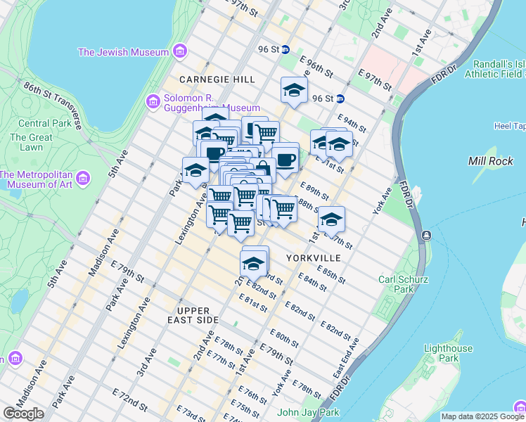 map of restaurants, bars, coffee shops, grocery stores, and more near 1529 3rd Avenue in New York