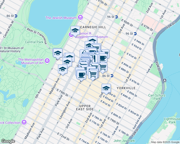 map of restaurants, bars, coffee shops, grocery stores, and more near 158 East 85th Street in New York