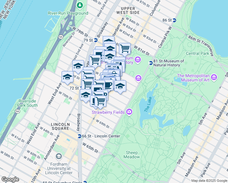 map of restaurants, bars, coffee shops, grocery stores, and more near 50 West 74th Street in New York