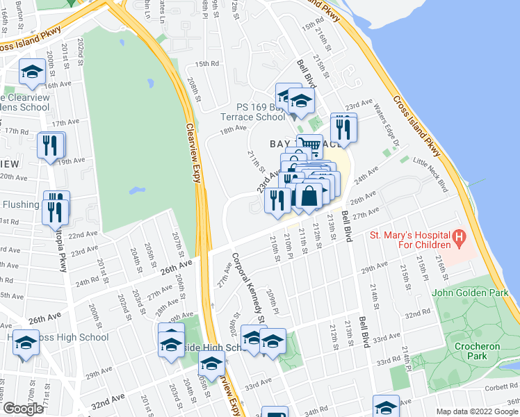 map of restaurants, bars, coffee shops, grocery stores, and more near 2 Bay Club Drive in Queens