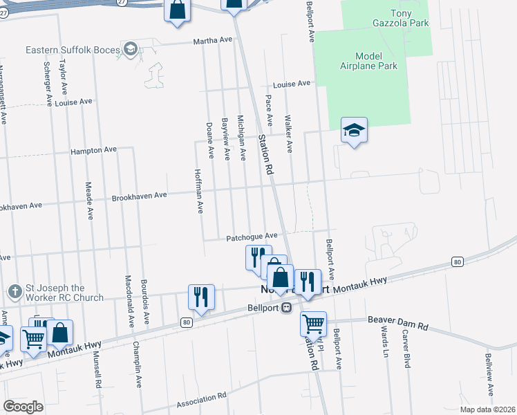 map of restaurants, bars, coffee shops, grocery stores, and more near 655 Post Avenue in Bellport