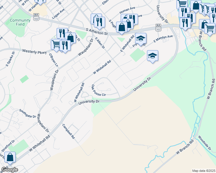 map of restaurants, bars, coffee shops, grocery stores, and more near 113-117 Oak Pointe Circle in State College