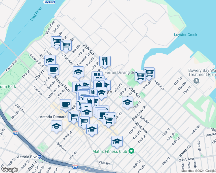 map of restaurants, bars, coffee shops, grocery stores, and more near 20-57 31st Street in Queens