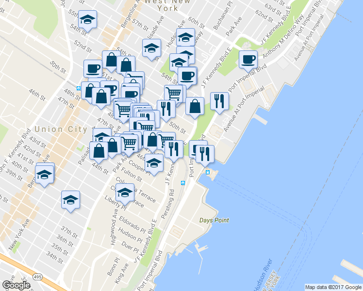 map of restaurants, bars, coffee shops, grocery stores, and more near Boulevard East & 49th Street in Weehawken