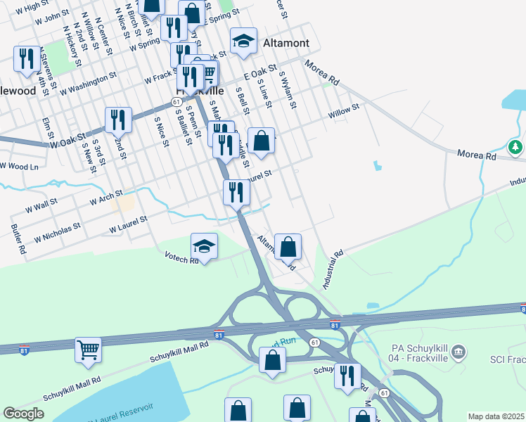 map of restaurants, bars, coffee shops, grocery stores, and more near South Garfield Avenue in Frackville