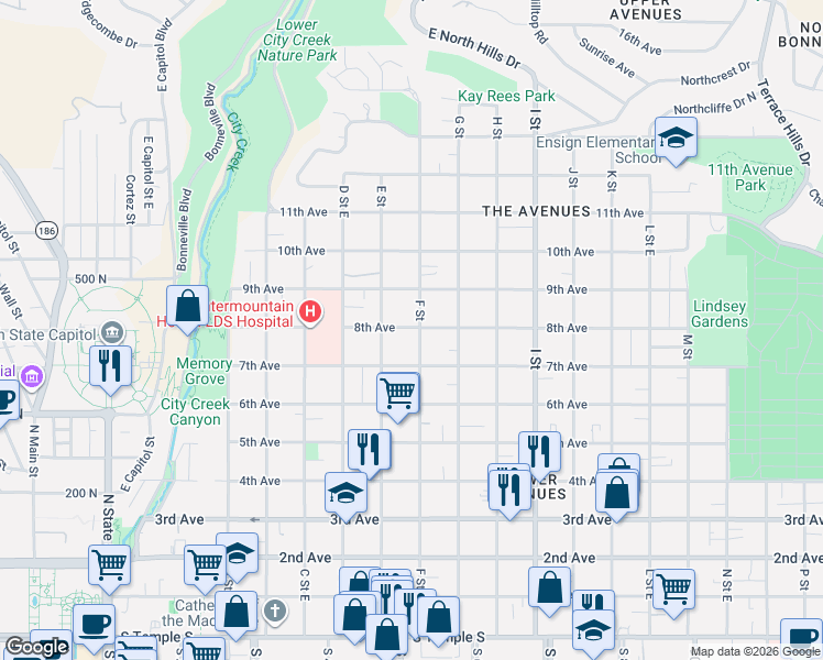 map of restaurants, bars, coffee shops, grocery stores, and more near 440 East 8th Avenue in Salt Lake City