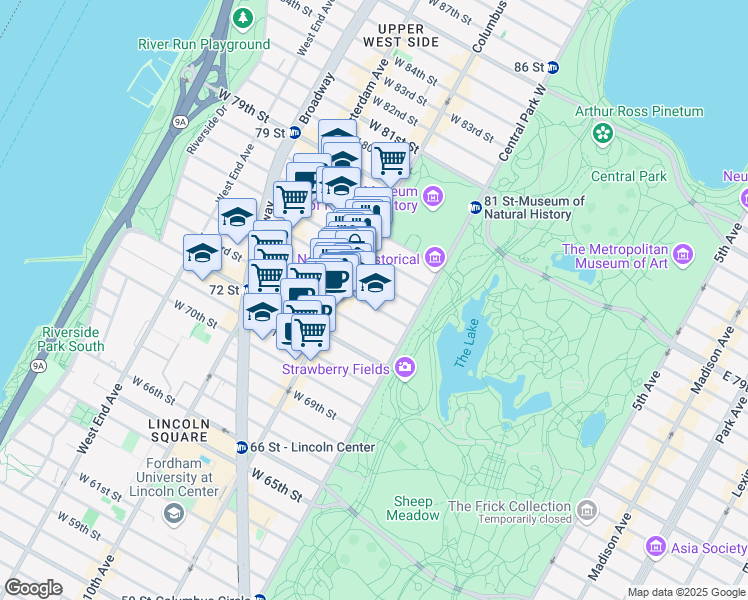 map of restaurants, bars, coffee shops, grocery stores, and more near 39 West 74th Street in New York