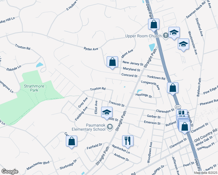 map of restaurants, bars, coffee shops, grocery stores, and more near 147 Truxton Road in Dix Hills