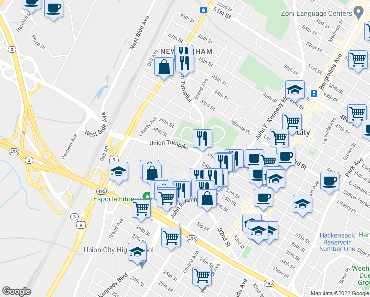 map of restaurants, bars, coffee shops, grocery stores, and more near 1433 County Road 676 in North Bergen