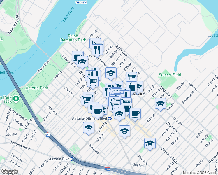 map of restaurants, bars, coffee shops, grocery stores, and more near 2135 Crescent Street in Queens