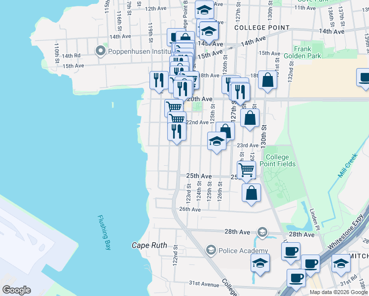 map of restaurants, bars, coffee shops, grocery stores, and more near 122-08 23rd Avenue in Queens