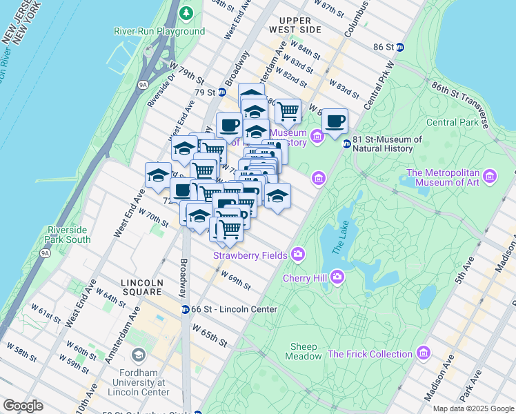 map of restaurants, bars, coffee shops, grocery stores, and more near 60 West 74th Street in New York