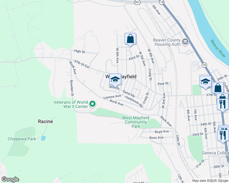 map of restaurants, bars, coffee shops, grocery stores, and more near 3606 Jean Street in Beaver Falls