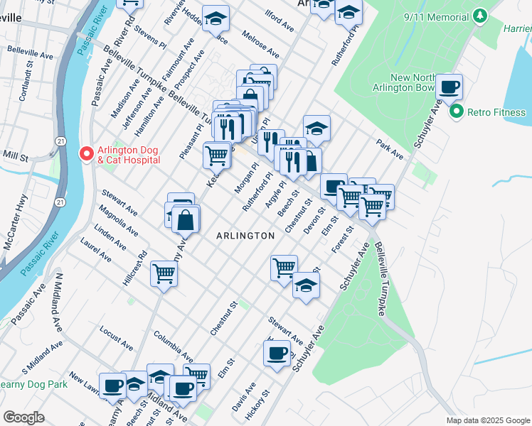 map of restaurants, bars, coffee shops, grocery stores, and more near 93 Seeley Avenue in Kearny
