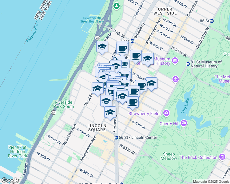 map of restaurants, bars, coffee shops, grocery stores, and more near 2069 Broadway in New York
