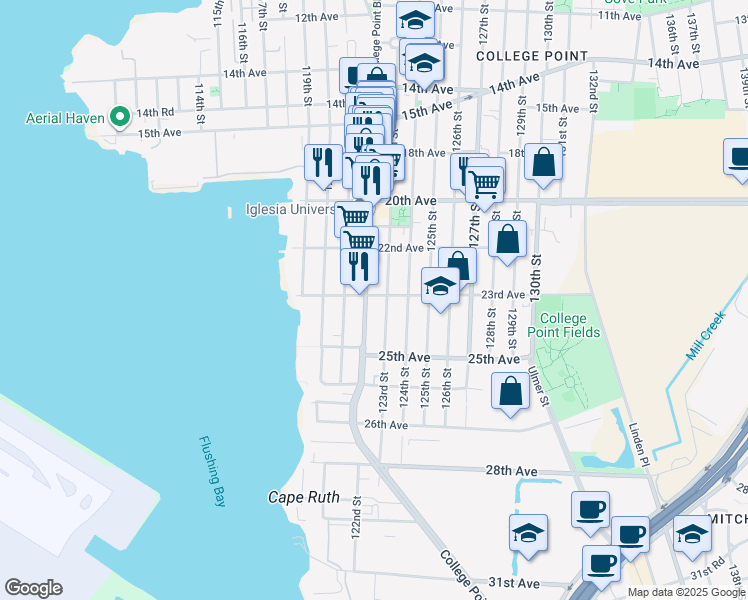 map of restaurants, bars, coffee shops, grocery stores, and more near 2238 College Point Boulevard in Queens
