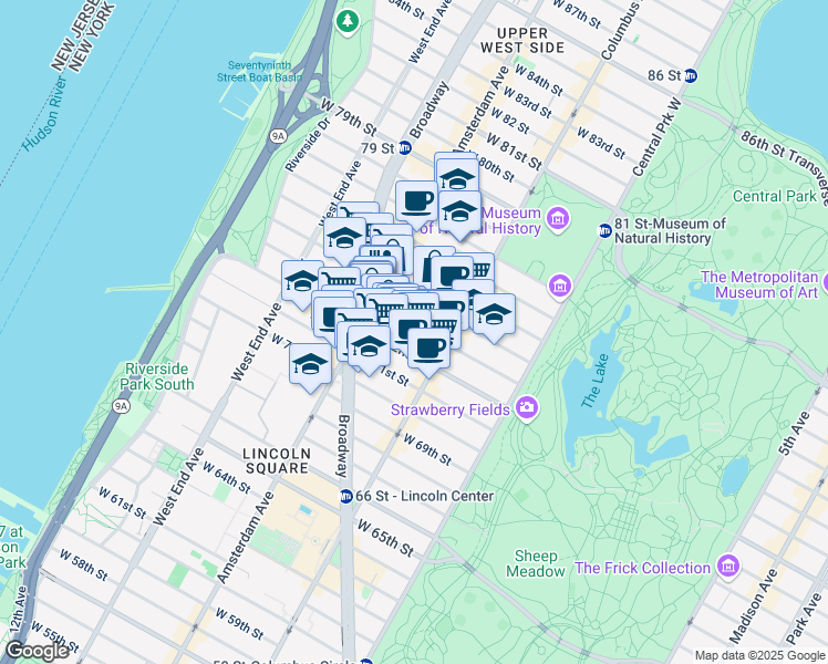 map of restaurants, bars, coffee shops, grocery stores, and more near 155 West 73rd Street in New York