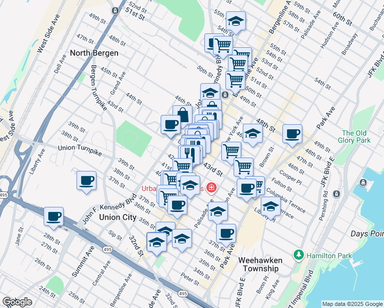 map of restaurants, bars, coffee shops, grocery stores, and more near 516 Lincoln Street in Union City
