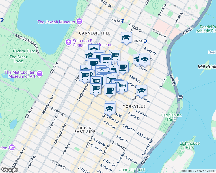 map of restaurants, bars, coffee shops, grocery stores, and more near 213 East 86th Street in New York