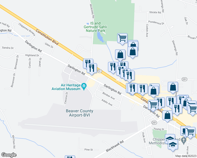 map of restaurants, bars, coffee shops, grocery stores, and more near 2754 Darlington Road in Beaver Falls