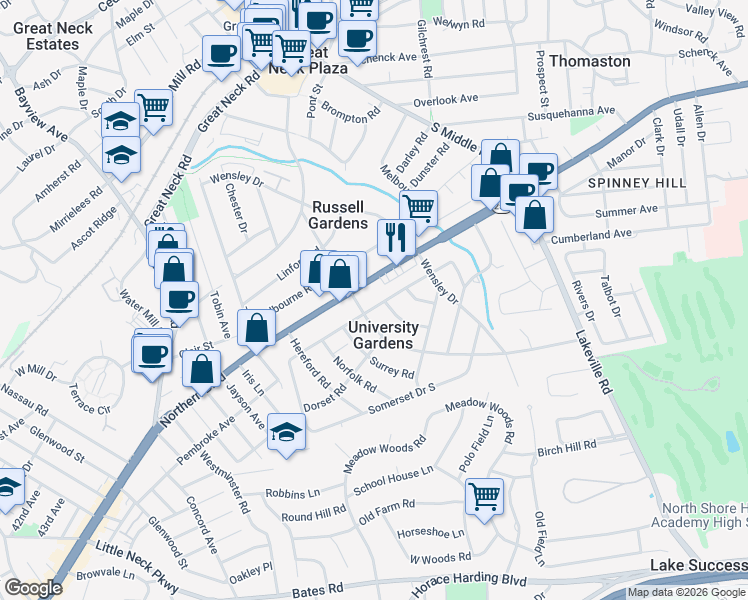 map of restaurants, bars, coffee shops, grocery stores, and more near 24 Somerset Drive North in Great Neck