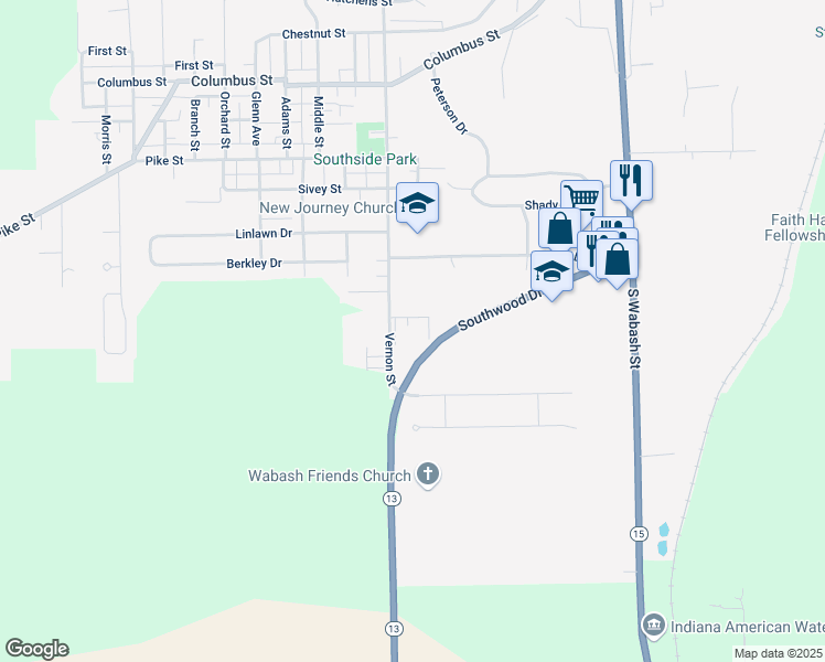 map of restaurants, bars, coffee shops, grocery stores, and more near 1955 Vernon Street in Wabash