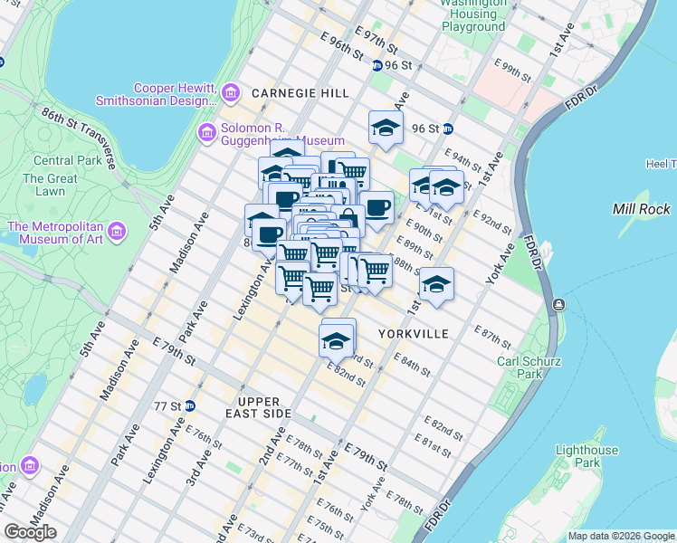 map of restaurants, bars, coffee shops, grocery stores, and more near 208 East 87th Street in New York
