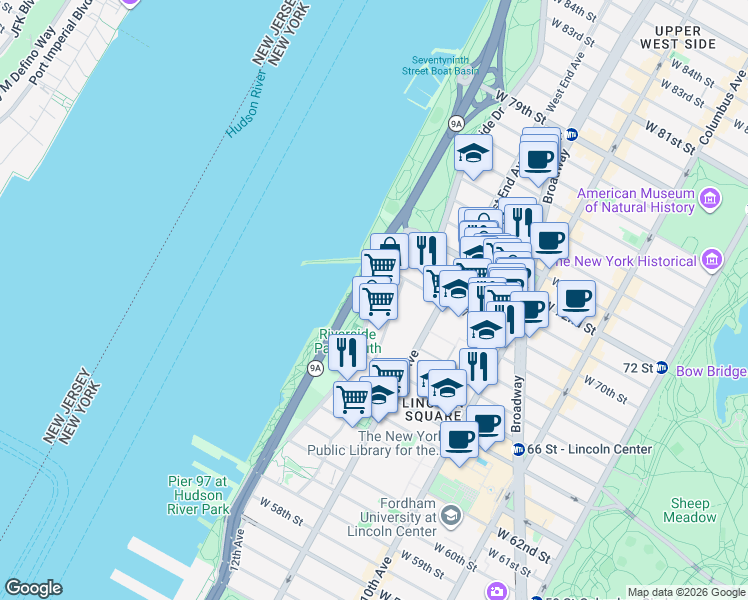 map of restaurants, bars, coffee shops, grocery stores, and more near 180 Riverside Boulevard in New York
