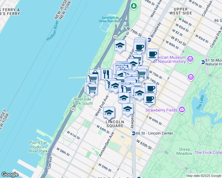 map of restaurants, bars, coffee shops, grocery stores, and more near West End Ave & W 70th St in New York