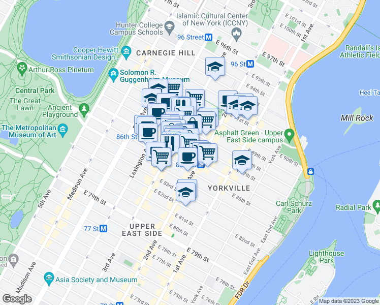 map of restaurants, bars, coffee shops, grocery stores, and more near 233 East 86th Street in New York