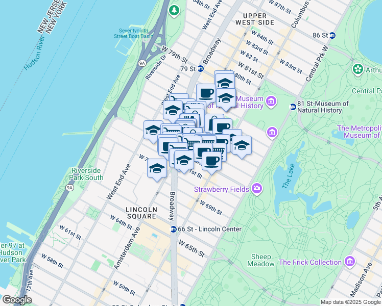 map of restaurants, bars, coffee shops, grocery stores, and more near 161 West 72nd Street in New York