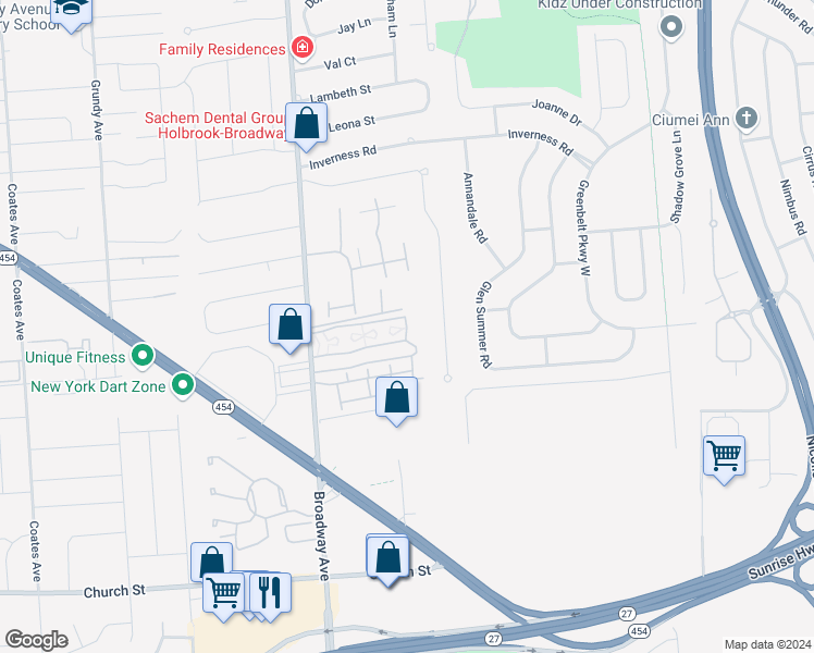 map of restaurants, bars, coffee shops, grocery stores, and more near 36 Briarlane Walk in Holbrook