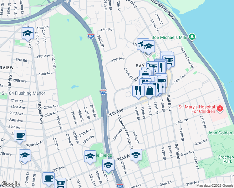 map of restaurants, bars, coffee shops, grocery stores, and more near 18-56A Corporal Kennedy Street in Queens