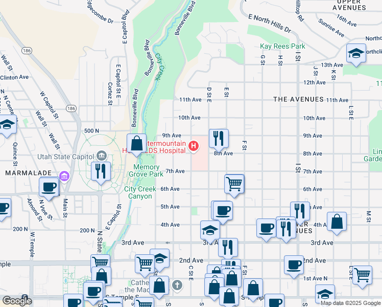 map of restaurants, bars, coffee shops, grocery stores, and more near C Street & 8th Avenue in Salt Lake City