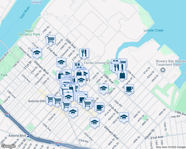 map of restaurants, bars, coffee shops, grocery stores, and more near 20-31 32nd Street in Queens