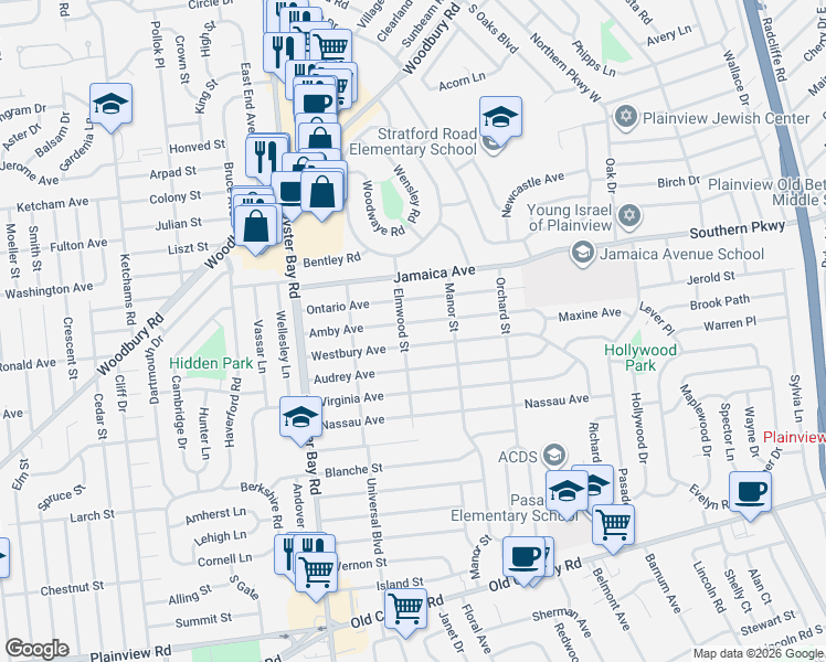 map of restaurants, bars, coffee shops, grocery stores, and more near 82 Elmwood Street in Plainview