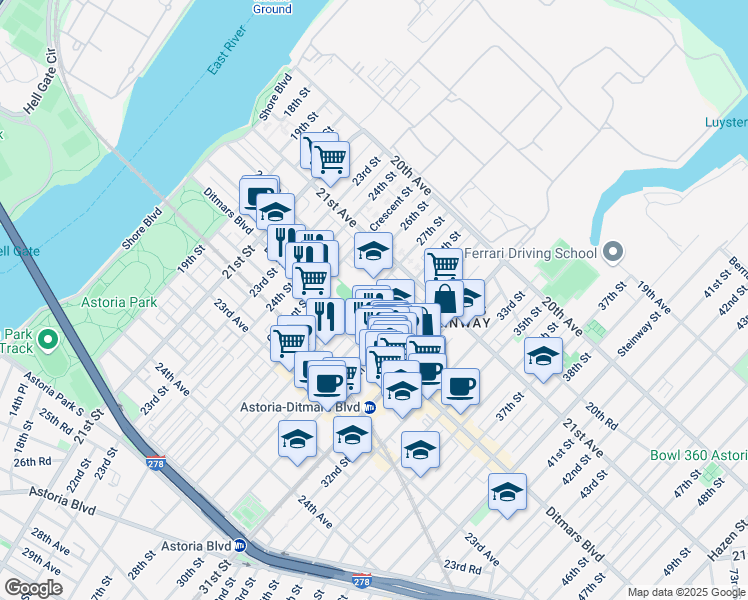 map of restaurants, bars, coffee shops, grocery stores, and more near 2135 Crescent Street in Queens