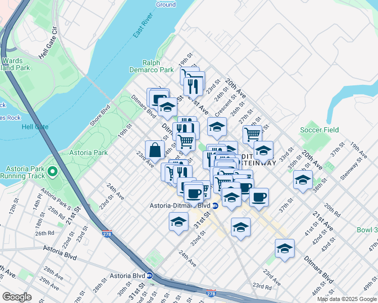 map of restaurants, bars, coffee shops, grocery stores, and more near in Queens