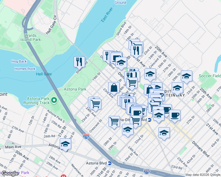 map of restaurants, bars, coffee shops, grocery stores, and more near 22-38 23rd Street in Queens