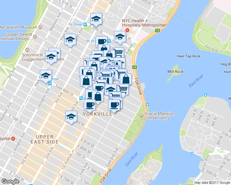 map of restaurants, bars, coffee shops, grocery stores, and more near 402 East 90th Street in New York