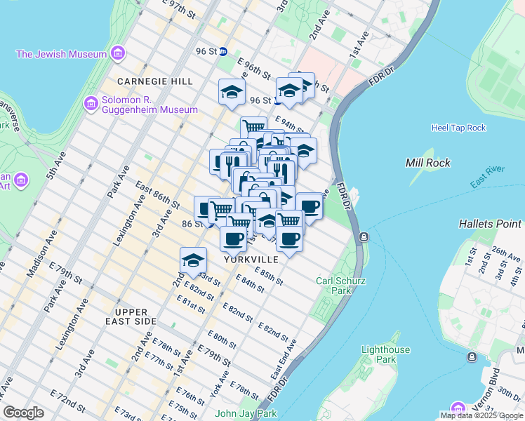 map of restaurants, bars, coffee shops, grocery stores, and more near 1705 1st Avenue in New York