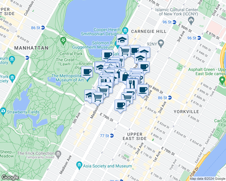 map of restaurants, bars, coffee shops, grocery stores, and more near 990 Park Avenue in New York