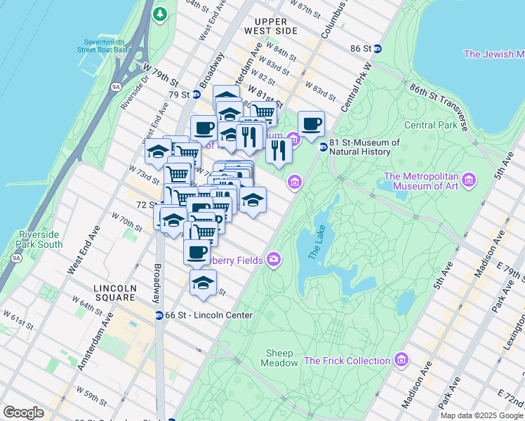 map of restaurants, bars, coffee shops, grocery stores, and more near 22 West 76th Street in New York