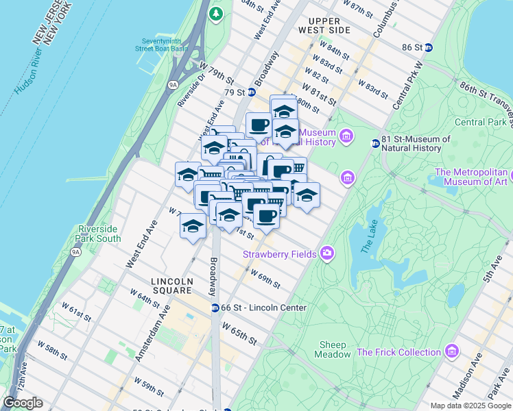 map of restaurants, bars, coffee shops, grocery stores, and more near 155 West 73rd Street in New York