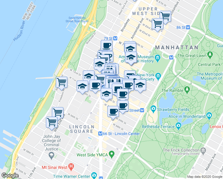 map of restaurants, bars, coffee shops, grocery stores, and more near 155 West 73rd Street in New York