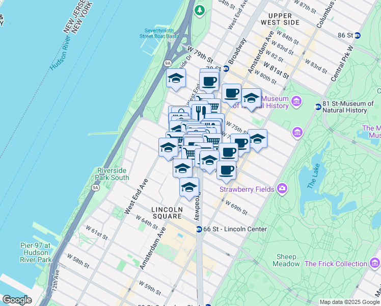 map of restaurants, bars, coffee shops, grocery stores, and more near 224 West 72nd Street in New York