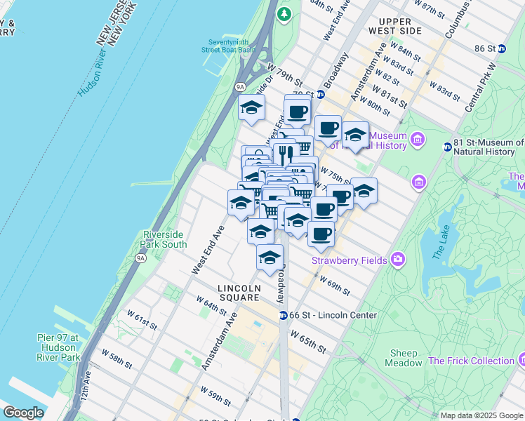 map of restaurants, bars, coffee shops, grocery stores, and more near 228 West 71st Street in New York