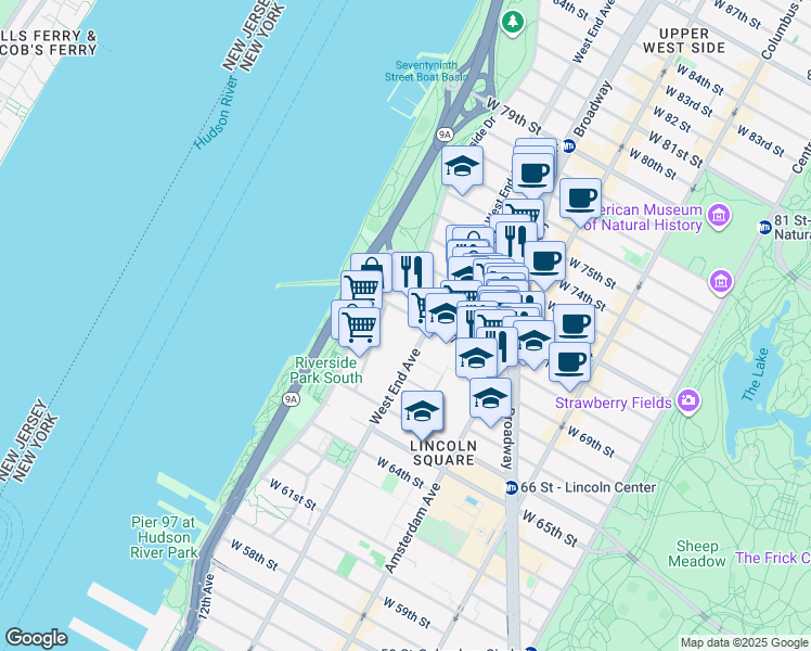 map of restaurants, bars, coffee shops, grocery stores, and more near 315 West 70th Street in New York