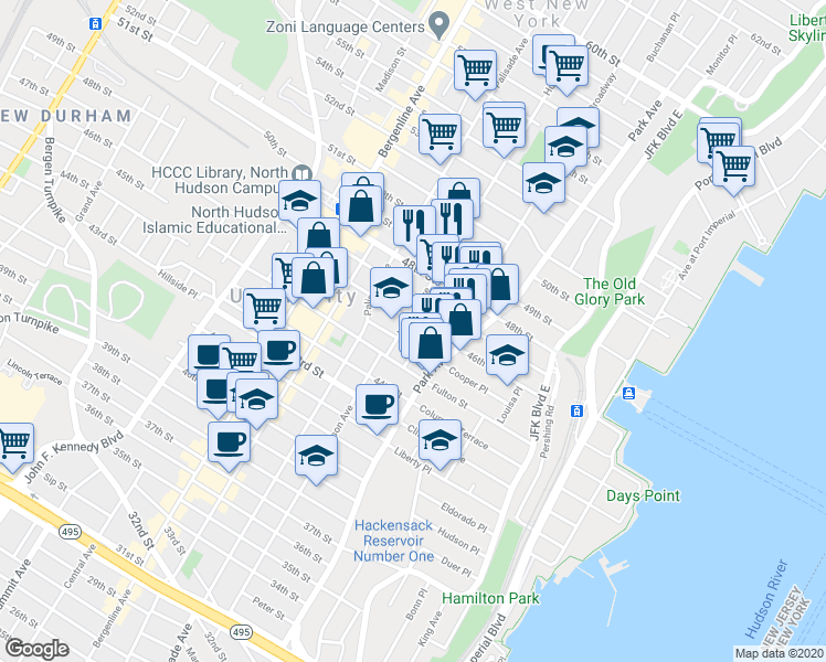 map of restaurants, bars, coffee shops, grocery stores, and more near 4604 Hudson Avenue in Union City