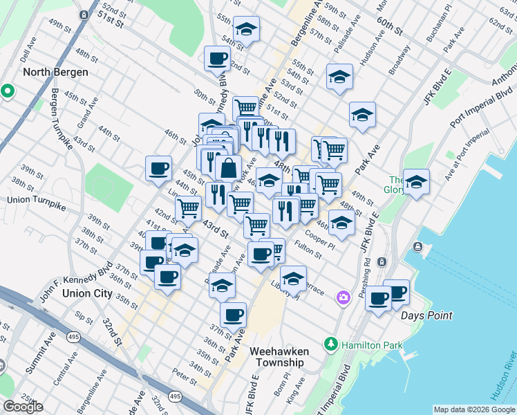 map of restaurants, bars, coffee shops, grocery stores, and more near 224 Roosevelt Street in Union City